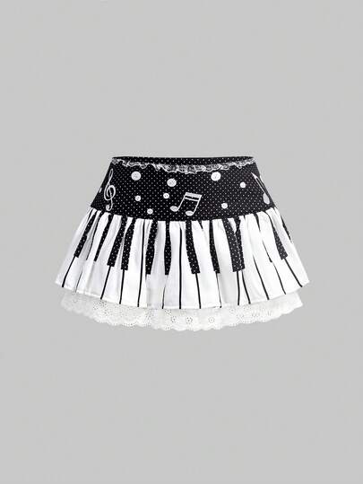 J-Fashion Minigonna vintage da donna in stile Y2K a vita ultra bassa e super corta, con patchwork in pizzo e ricamo di note musicali e tastiera di pianoforte