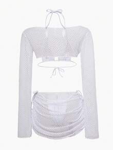 Swim SXY 4件套女士性感比基尼套装，红色网纱面料搭配酒红色纯色设计，沙滩泳装 - 白色 - 查看 3