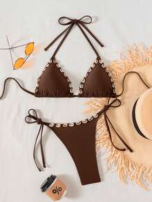Swim Vcay Handmade Shell Decor Sexy Bikini Swimsuit, Spring/Summer - Brown - View 4