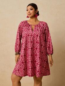 SHEIN VCAY 大码女式波西米亚风印花连衣裙，七分袖印花连衣裙，秋季连衣裙，大码束腰上衣，大码度假装，大码波西米亚风连衣裙，刺绣连衣裙，大码舒适秋冬女装，优雅 - 玫紅色 - 查看 4