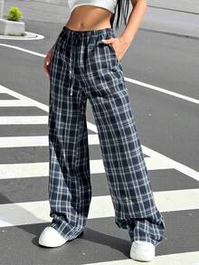 SHEIN EZwear 加大码女式格子裤，黑白格子松紧腰带口袋阔腿休闲宽松裤，女式冬季服装 - 彩色 - 查看 1