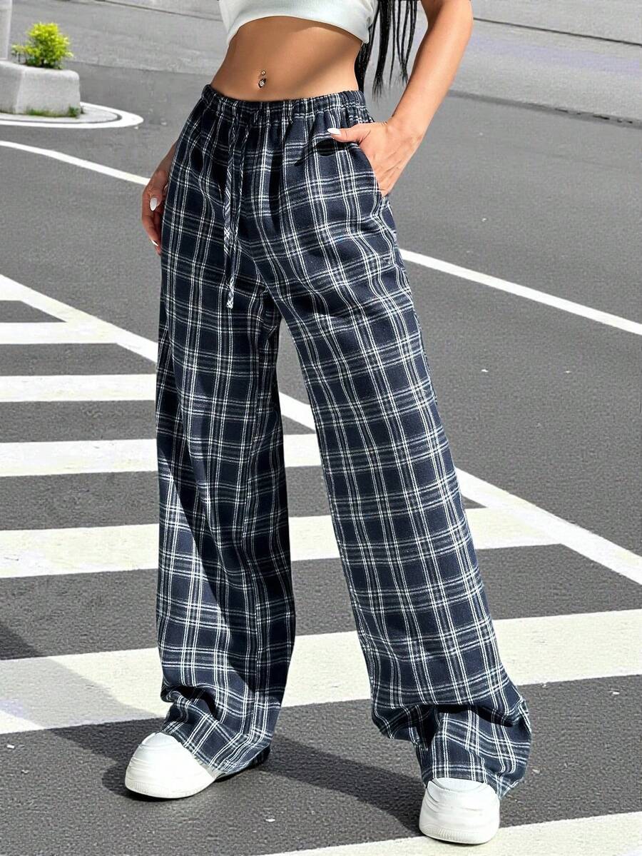 SHEIN EZwear 加大码女式格子裤，黑白格子松紧腰带口袋阔腿休闲宽松裤，女式冬季服装 - 彩色 - 查看 1