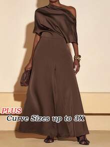 Chocolate Brown,Autumn,Curve,Elegant,Cocktail Plus Size Satin Jumpsuit,Asymmetric Shoulder Design Wide Leg Pants With Pockets Wedding Guest Boho Party - Brown - View 4