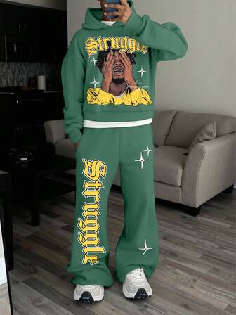 Manfinity EMRG 2pcs Men Portrait & Letter Graphic Print Casual Streetwear Hoodie & Sweatpants Set, Fall Men Clothes