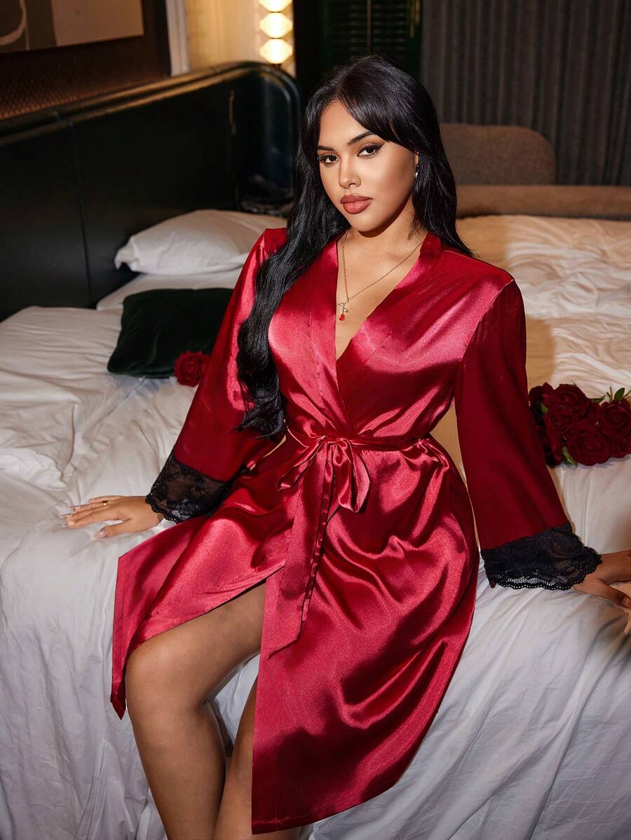 SilkySpell Bata de encaje roja de talla grande - Rojo - Ver 1