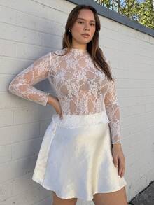 Nezia Cruz Plus Size Stand Collar Sheer Lace Top Fall Cloth For Women - White - View 1