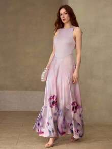 MOTF PREMIUM WOMEN'S SLEEVELESS FLORAL PRINTED METAL SHOULDER PATCHWORK FLARE HEM DRESS, AUTUMN/WINTER - Mauve Purple - View 7