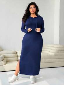 Solflare Plus Size Women's Hooded Drawstring Slim Fit Long Sleeve Ribbed Dress, Autumn/Winter,Fall,Back To School - Navy Blue - View 4