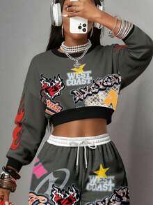 Rovax 女士字母印花落肩长袖短款卫衣和运动裤休闲两件套 - 灰色 - 查看 3