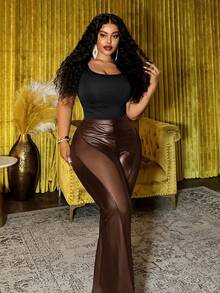 Slaydiva Autumn/Winter New Elegant & Party & Streetwear & Casual & Date & Music Festival & Y2K Sexy Fitted Solid Black Sheer Mesh Patchwork Flare Pants, Plus Size - G - Brown - View 6