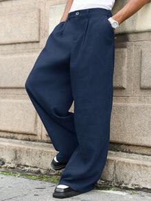 Manfinity Roghcode Plus Size Men's Casual Everyday Workwear Loose Fit Solid Color Slant Pocket Wide Leg Pants Navy Blue Pants Mens Wide Leg Pants Pleated Pants For Men Dark Blue Pants Wide Bottom Pants For Men