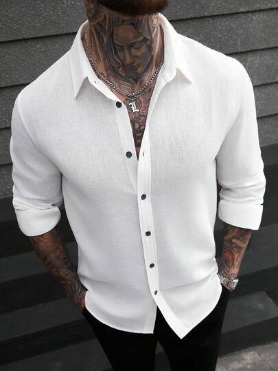 Manfinity Homme Men's White Casual Linen Long Sleeve Shirt White And Black Shirt Men Men White Long Sleeve Shirt Men White Casual Shirts Men Fashion Shirt Knitted Men Shirt