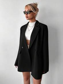 Ritzy Row Women's Casual Oversized Padded Shoulder Mid-Length Double-Breasted Blazer - Black - View 5