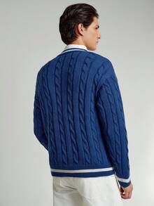 RONVEXI Men's Casual Collegiate Cable Knit Patchwork Striped Hem Sweater, Autumn/Winter Men Sweater Top Knit Wear Men Blue Clothes Men Knit Jersey Blue Sweater - Blue - View 3