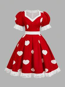 Sweetra Plus Size Heart & Diamond Decor Square Neck Short Sleeve Patchwork Ruffle Hem A-Line Belted Dress - Multicolor - View 1