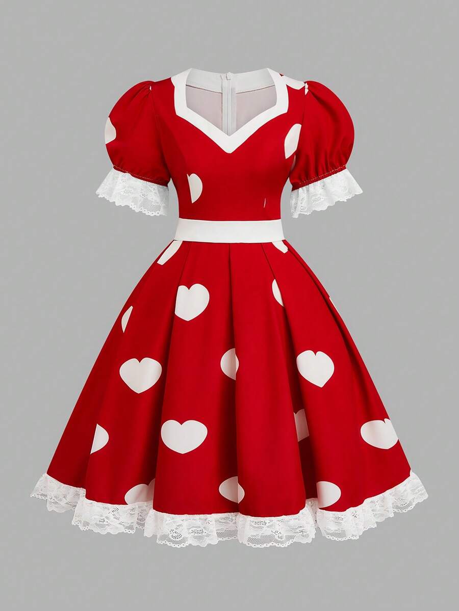 Sweetra Plus Size Heart & Diamond Decor Square Neck Short Sleeve Patchwork Ruffle Hem A-Line Belted Dress - Multicolor - View 1