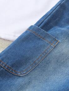 SHEIN Vintaside Kids 2pcs/Set Young Boys Casual Outfit - Light Blue Denim Bib Overalls Paired With Solid White Short Sleeve T-Shirt, Versatile Daily Wear - Blue and White - View 6