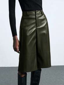 Maija 女士PU皮革阔腿七分裤，都市通勤商务休闲风，优雅适合办公室、圣诞节、新年派对等场合 - 軍綠色 - 查看 2