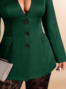 Cravure 大码女式秋季植绒网纱开衩喇叭裤套装，V领办公服 - 墨綠色 - 查看 6