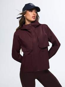 Eassivo Eassivo Women's Wine Red Hooded Windbreaker Jacket, Loose Fit Utility Outerwear, Flap Pocket Detail, Zipper Closure, Sports Street Style, Athleisure Lightweight Jacket - Red - View 4