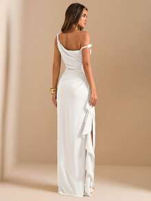 SHEIN BAE 秋冬伴娘礼服，派对斜肩扭结无肩带性感褶皱高开衩荷叶边裹身长裙，优雅荷叶边下摆斜肩女士长裙 - 白色 - 查看 2