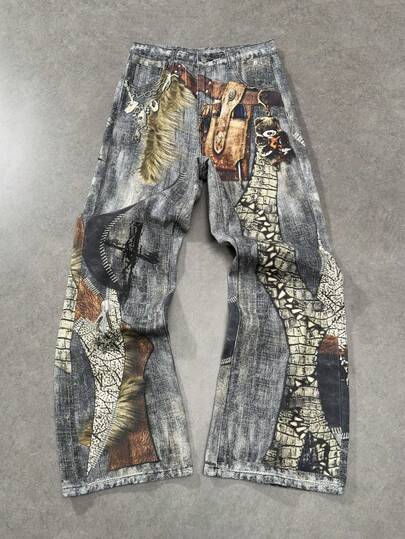 Jeans casual larghi con stampa sulla vita e tasche per uomo