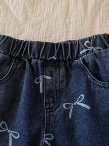 Genkimix Kids 3pcs Young Girls Outfit Set: Bow Print Vest Cardigan + Ribbed Knit Long Sleeve Top + Wide Leg Pants, Retro Sweet Style For Spring & Autumn - Dark Wash - View 6