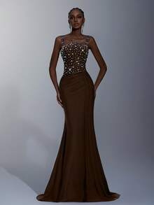 Elitara Váy đuôi cá bandeau kim loại đính đá 3D thủ công sang trọng thanh lịch với eo nhún, vải voan mỏng và chân váy xếp nếp xếp tầng, phù hợp cho những dịp trang trọng, đám cưới, tiệc tùng - Cà phê nâu - Xem 6