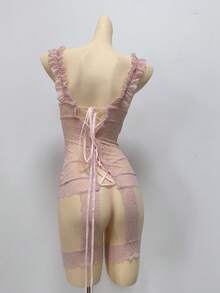 SHEIN 2pcs Lace-Up Garter Slip Dress + G-String, Sexy Lingerie Set For Women - Pink - View 2