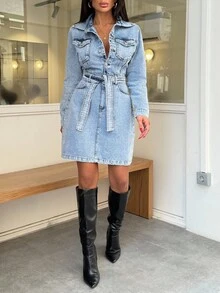 EURMUSE Mini Button And Belt Detailed Rigid Denim Dress - Light Wash - View 5