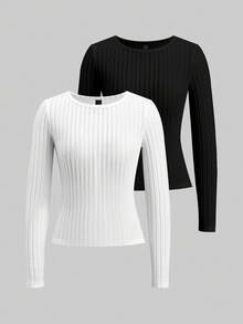 SHEIN LUNE 2 Stücke Damen Langarm Thermo-Pullover Set mit geripptem Strick - Vielseitig einsetzbar für Herbst/Winter, zum Tragen drinnen/Outdoor, Soft Girl, Vintage, Old Money Stil, Sport, Ausflüge & als Geschenk - Verschiedenfarbig - Übersicht 3