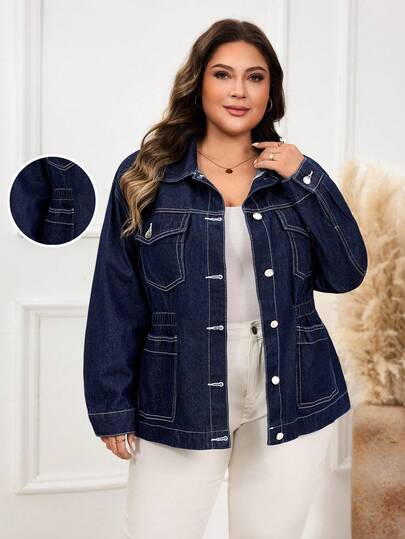 EMERY ROSE Chaqueta de mezclilla lavada de unicolor para mujer de talla grande, otoño/invierno