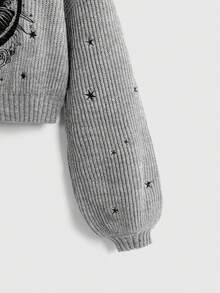 ROMWE Goth Suéter de cuello alto negro gótico oscuro con bordado misterioso de gato - Gris - Ver 4