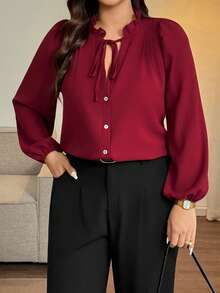 Vionelle Elegant Plus Size Burgundy Tie Neck Woven Fabric Raglan Extra-Long Sleeve Blouse Top - Burgundy - View 4
