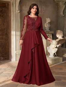 Aureia Plus Size Burgundy,Winter,Elegant,Formal,Dinner,Evening Luxury Sequin Patchwork Satin Ruffle Hem A-Line Maxi Evening Gown Military Green - Burgundy - View 7