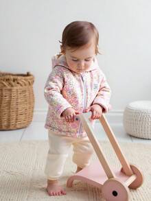 SHEIN Vintaside Kids معطف مقنع بطبعة زهور صغيرة للبنات الرضع، إغلاق بسحاب، بطانة حرارية، ملابس خارجية شتوية عصرية وكاجوال - وردي فاتح - مشاهدة 9