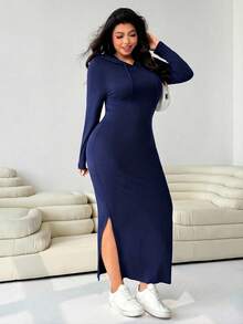 Solflare Plus Size Women's Hooded Drawstring Slim Fit Long Sleeve Ribbed Dress, Autumn/Winter,Fall,Back To School - Navy Blue - View 3