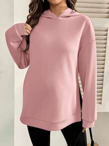 SHEIN 孕妇纯色落肩长袖侧开衩休闲卫衣，适合孕妇穿着，女士卫衣，宽松版型卫衣。 - 粉色 - 查看 3