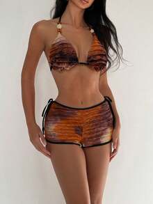 EgrlEra 女士扎染提花面料露背性感比基尼三件套，沙滩度假 - 彩色 - 查看 4