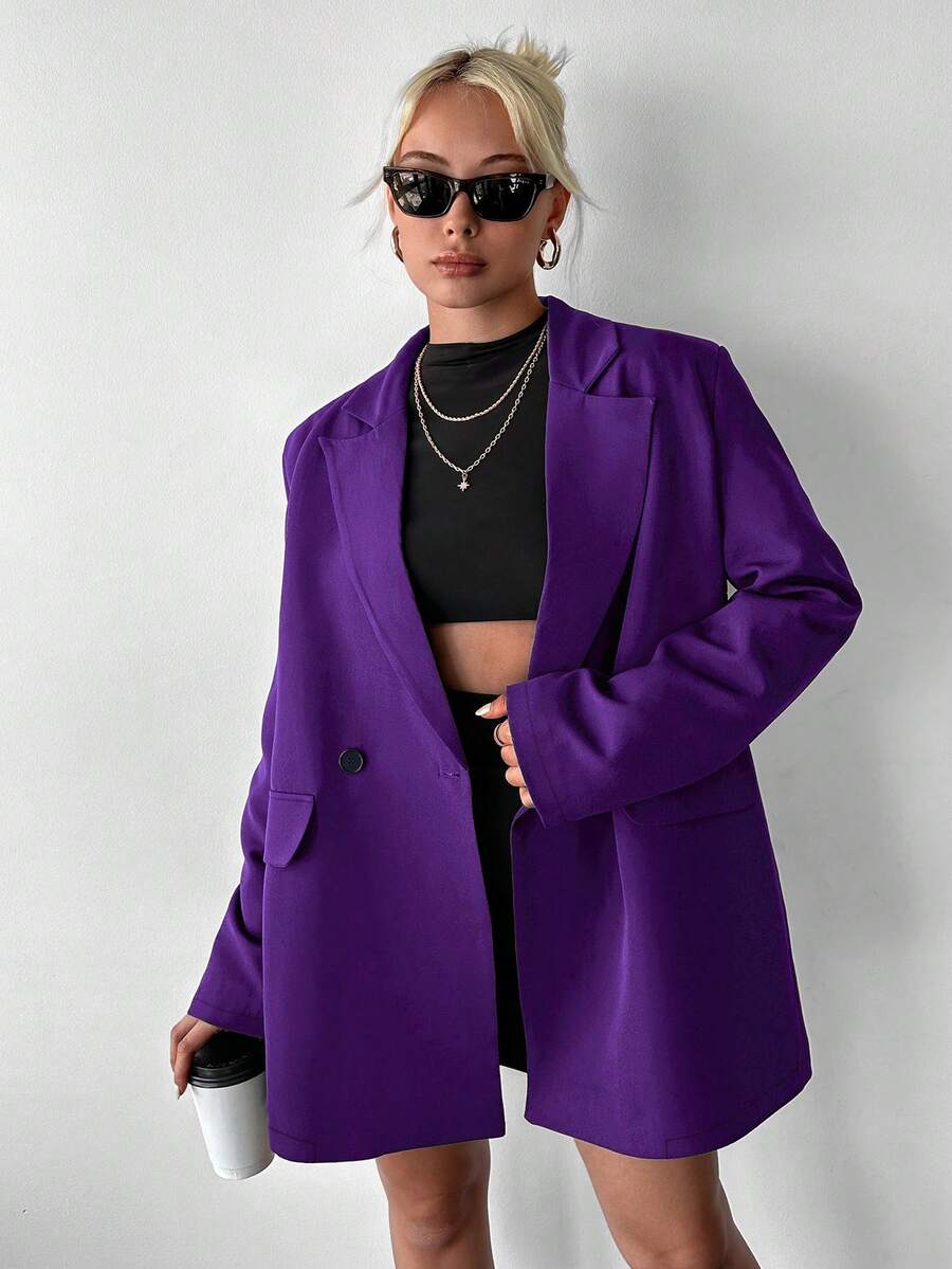 Ritzy Row Women's Casual Oversized Padded Shoulder Mid-Length Double-Breasted Blazer