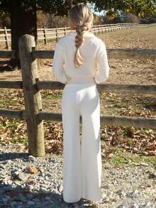 Sydney Algeri 女士秋冬装家居简约舒适甜美休闲保暖内衬暖白色双层腰部设计纽扣不对称米色简约毛衣裤日常穿搭 - 白色 - 查看 2