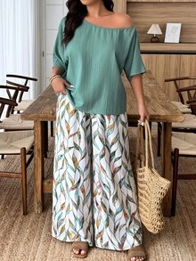 Weeklong Bộ đồ đi làm thường ngày rộng rãi, chất liệu vải lanh 2 mảnh họa tiết hoa nhiều màu sắc, dáng rộng, không đối xứng, dành cho nữ, mùa xuân/hè - màu xanh lá - Xem 5