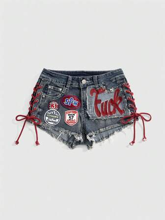 ROMWE Avant Pantaloncini di jeans sexy a vita bassa con grafica ricamata, stile retrò Y2K, tipo jersey sportivo, con coulisse