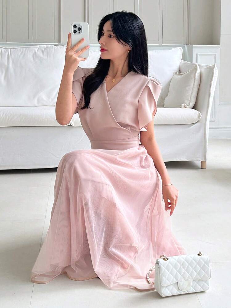 Women's Mesh Patchwork Petal Sleeve Midi Dress Sundress