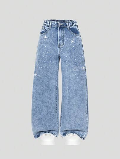 SHEIN ChillGRL 女童Y2K牛仔裤，新款上市，浅蓝色牛仔布，Y2K风格，宽松阔腿，水钻装饰，舒适棉混纺面料，适合日常穿着、上学、通勤，百搭女童牛仔裤