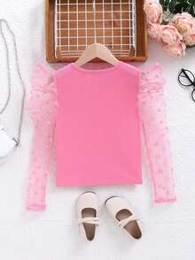 Young Girl Solid Color Round Neck Contrast Mesh Gigot Sleeve Casual T-Shirt, Pink Tops For Kids, Pink Tops For Girls, Pink Long Sleeve Shirt For Girls, Girls Shirts With Puffy Arms - Pink - View 3