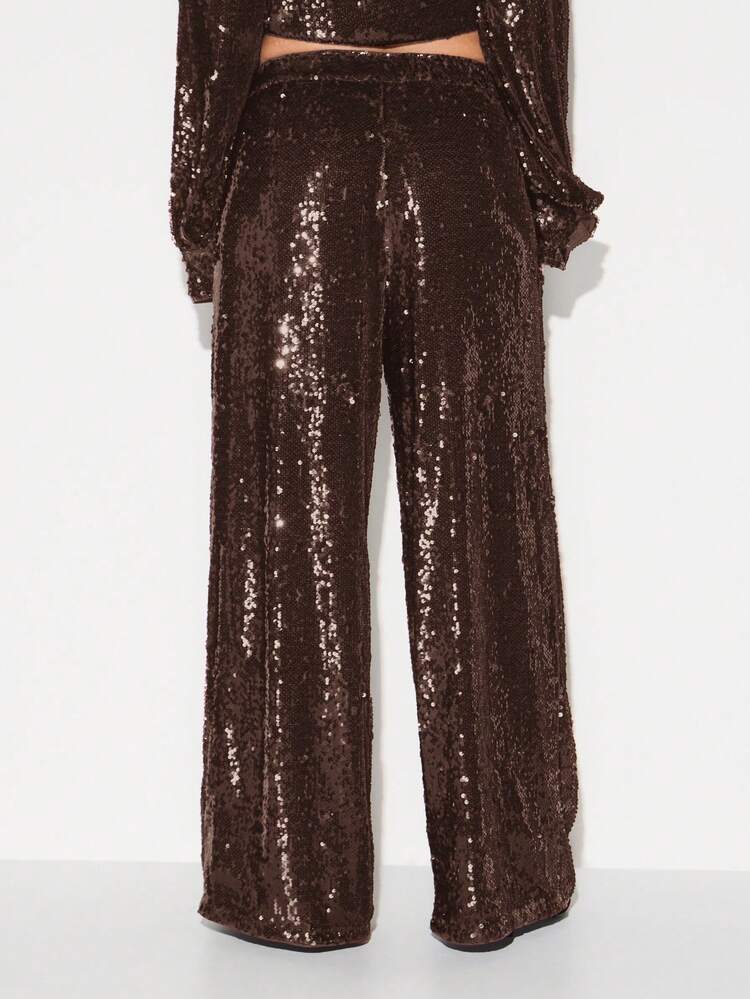 KIZN Wide Leg Sequin Palazzo Pants With Ruffles