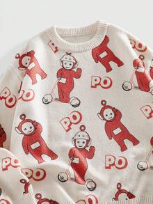 ROMWE MEN Teletubbies X ROMWE Herren Lässig Pullover mit Cartoon Muster, Rundhalsausschnitt, Herbst/Winter - Aprikosenfarben - Übersicht 3