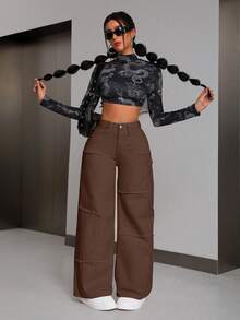 Flexra Jeans anchos de pierna ancha con lavado y deshilachado casual para mujer - Café integral - Ver 5