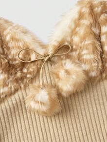 Kawaii 复古可爱小鹿刺绣拼布毛绒球装饰紧身女式吊带背心 - 彩色 - 查看 4